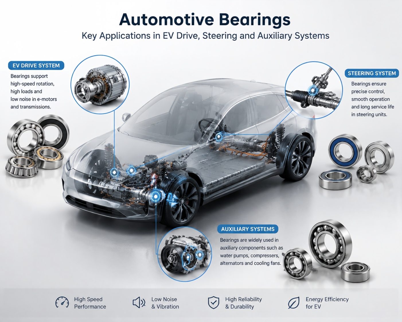 Automotive Bearings: Key Applications in EV Drive, Steering and Auxiliary Systems
